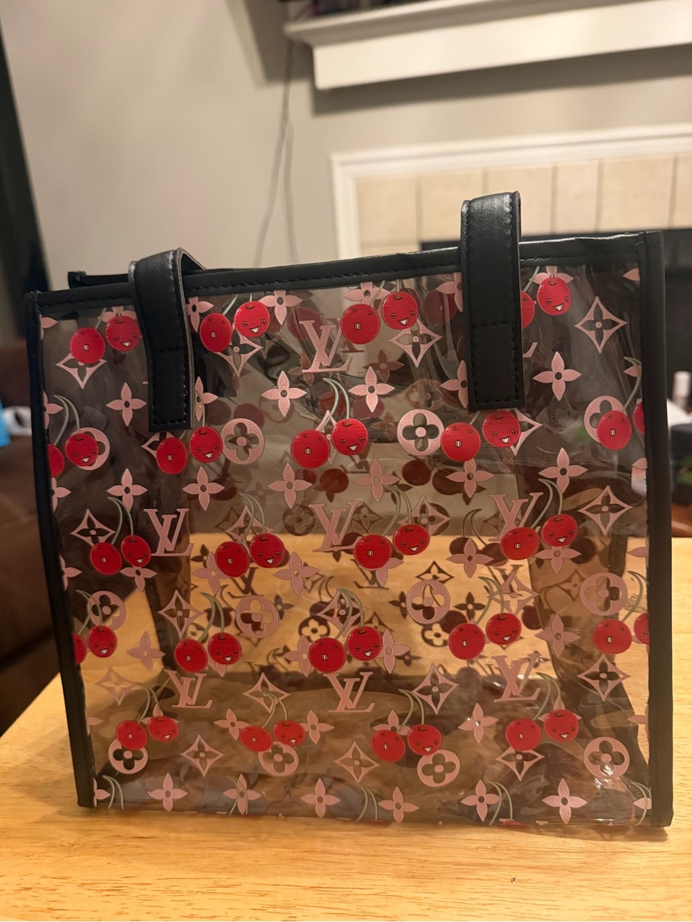 Small Clear Jelly Bag tote with cherries.